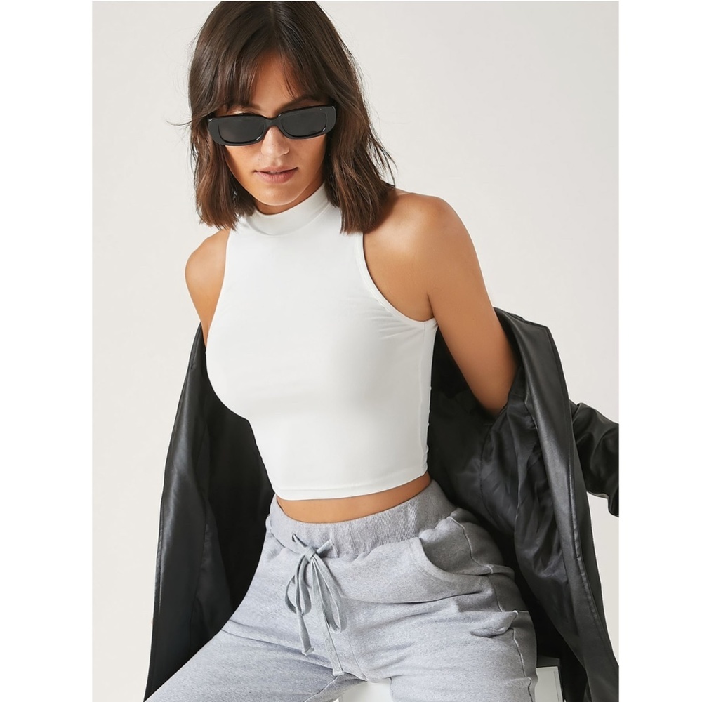 High Neck White Crop Tank Top